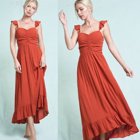 Burnt Orange Ruched Sweetheart Neck Maxi Dress 6 - Picture 1 of 3
